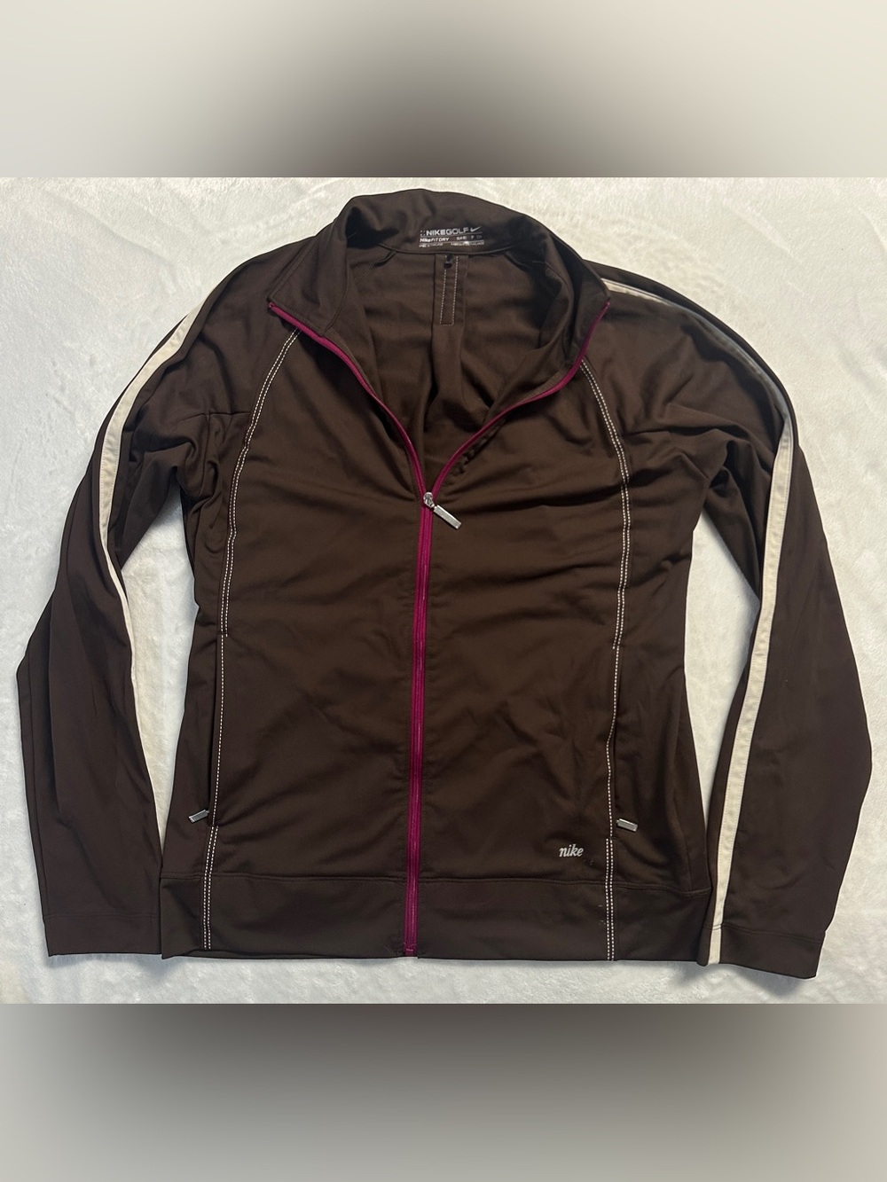 '08 NIKE GOLF women's brown cream full zip athletic sweater, S.